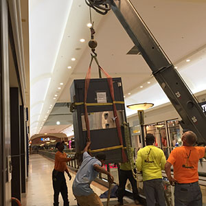 Safe suspend over a mezzanine at a mall